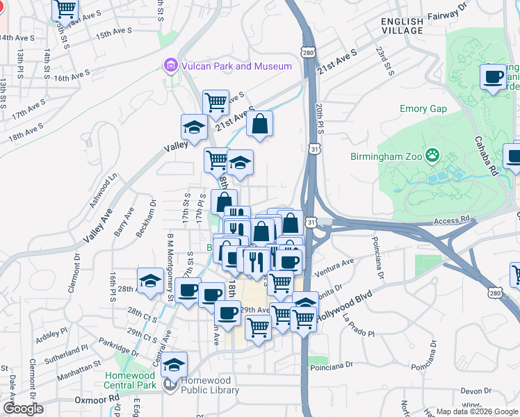 map of restaurants, bars, coffee shops, grocery stores, and more near 1822 26th Avenue South in Birmingham