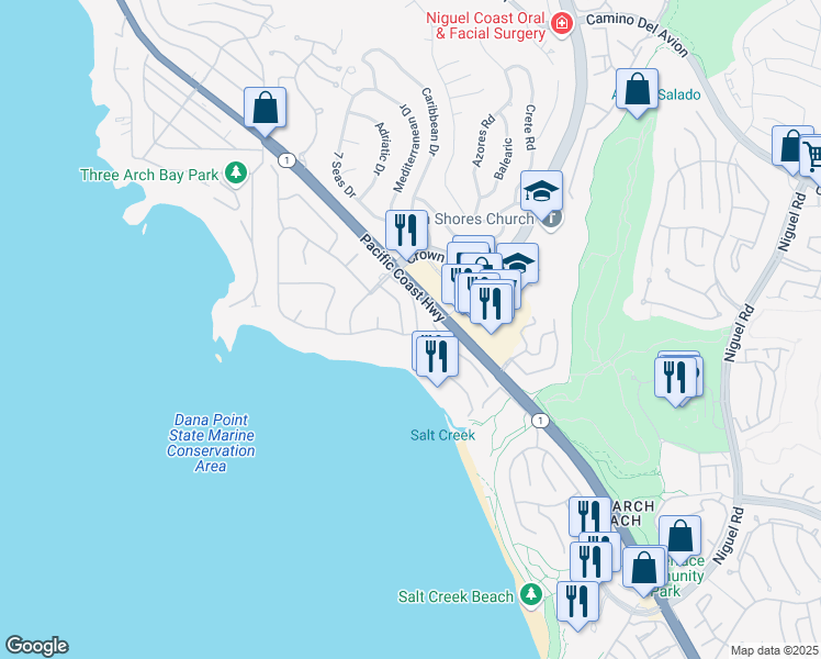 map of restaurants, bars, coffee shops, grocery stores, and more near 31 Monarch Bay Drive in Dana Point