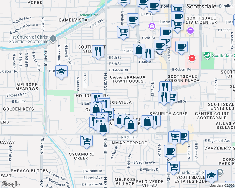 map of restaurants, bars, coffee shops, grocery stores, and more near 6835 East Cheery Lynn Road in Scottsdale