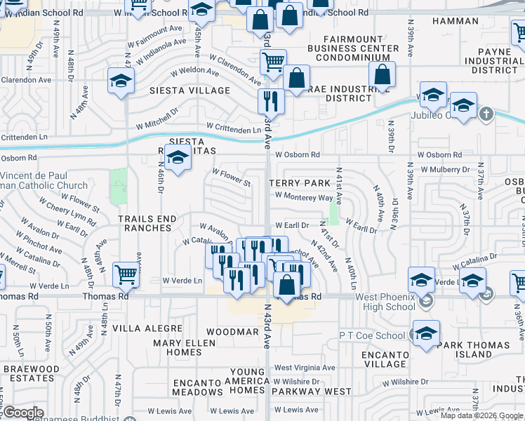 map of restaurants, bars, coffee shops, grocery stores, and more near 3108 North 43rd Avenue in Phoenix