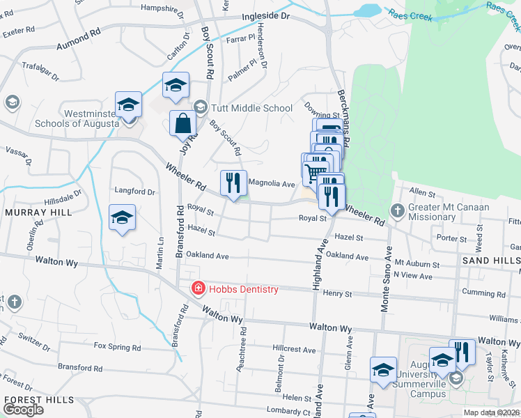 map of restaurants, bars, coffee shops, grocery stores, and more near 2763 Royal Street in Augusta