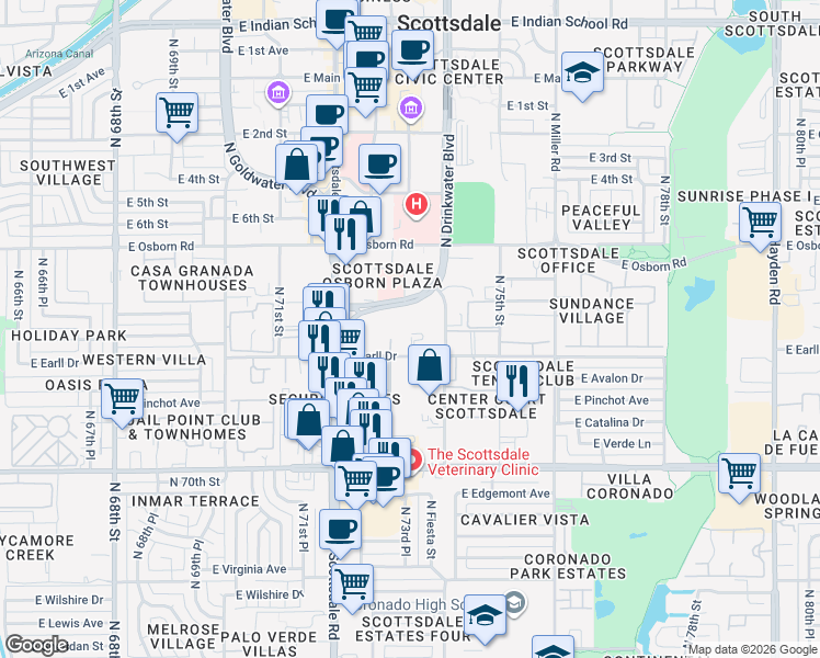 map of restaurants, bars, coffee shops, grocery stores, and more near 7330 East Earll Drive in Scottsdale