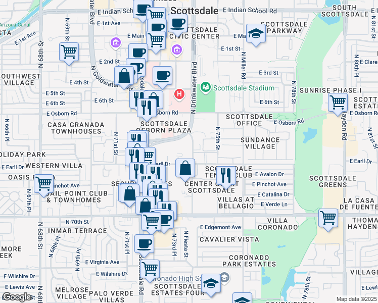 map of restaurants, bars, coffee shops, grocery stores, and more near 7330 East Earll Drive in Scottsdale