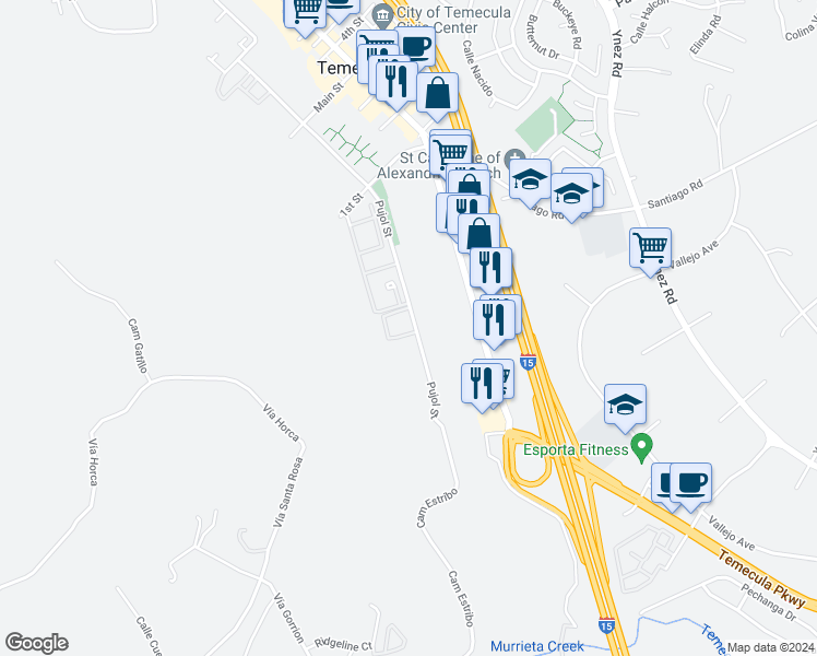 map of restaurants, bars, coffee shops, grocery stores, and more near 3 Pujol Street in Temecula