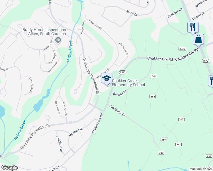 map of restaurants, bars, coffee shops, grocery stores, and more near 1830 Chukker Creek Road in Aiken