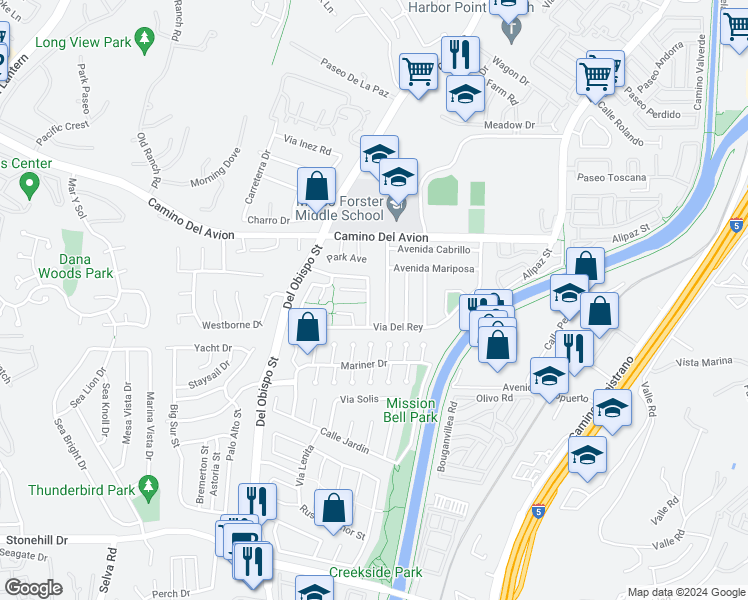 map of restaurants, bars, coffee shops, grocery stores, and more near 32922 Avenida Del Rosal in San Juan Capistrano