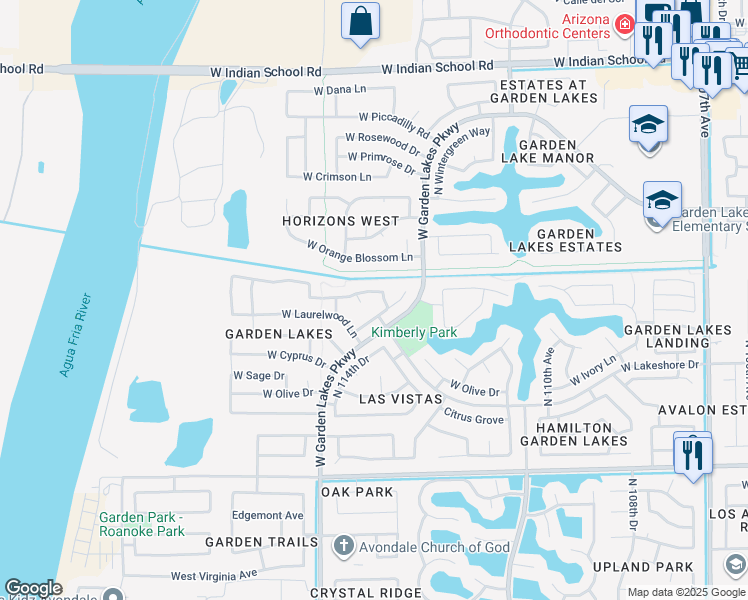 map of restaurants, bars, coffee shops, grocery stores, and more near 3314 North Lakeshore Court in Avondale