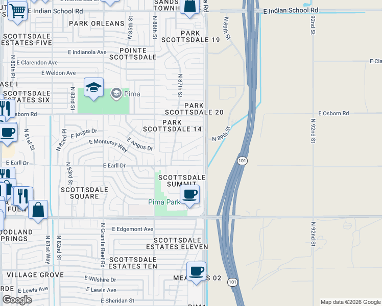 map of restaurants, bars, coffee shops, grocery stores, and more near 8744 East Cheery Lynn Road in Scottsdale