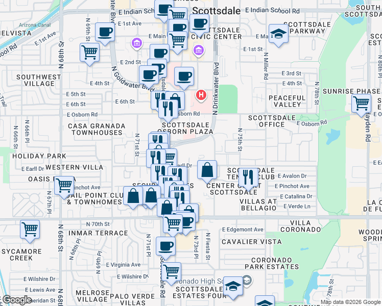 map of restaurants, bars, coffee shops, grocery stores, and more near 7302 East Earll Drive in Scottsdale