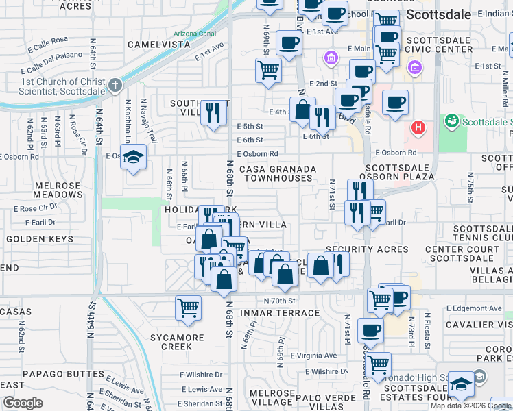 map of restaurants, bars, coffee shops, grocery stores, and more near 6835 East Cheery Lynn Road in Scottsdale