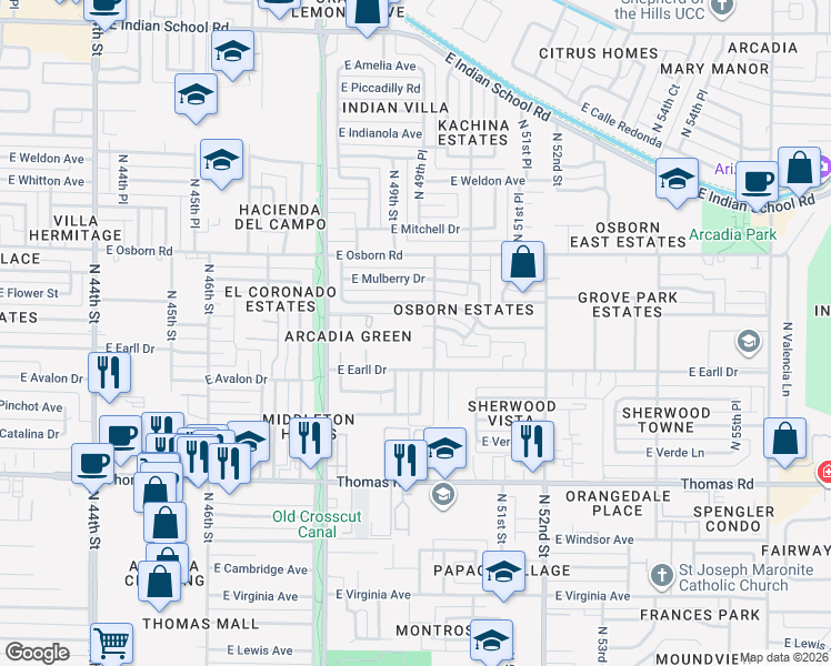 map of restaurants, bars, coffee shops, grocery stores, and more near 4910 East Earll Drive in Phoenix