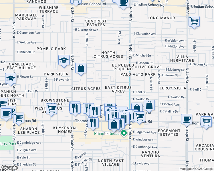 map of restaurants, bars, coffee shops, grocery stores, and more near 3109 North 38th Street in Phoenix