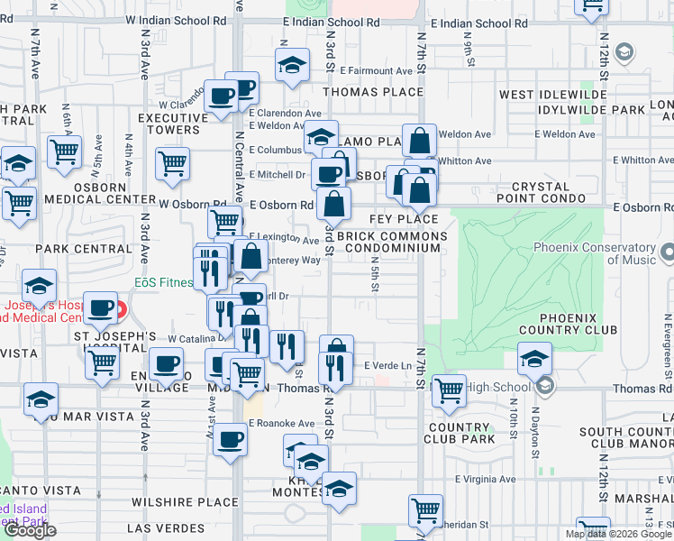 map of restaurants, bars, coffee shops, grocery stores, and more near 3111 North 3rd Street in Phoenix