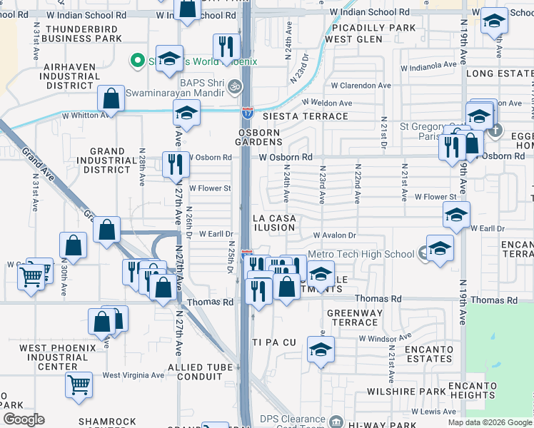map of restaurants, bars, coffee shops, grocery stores, and more near 3049 North 24th Lane in Phoenix