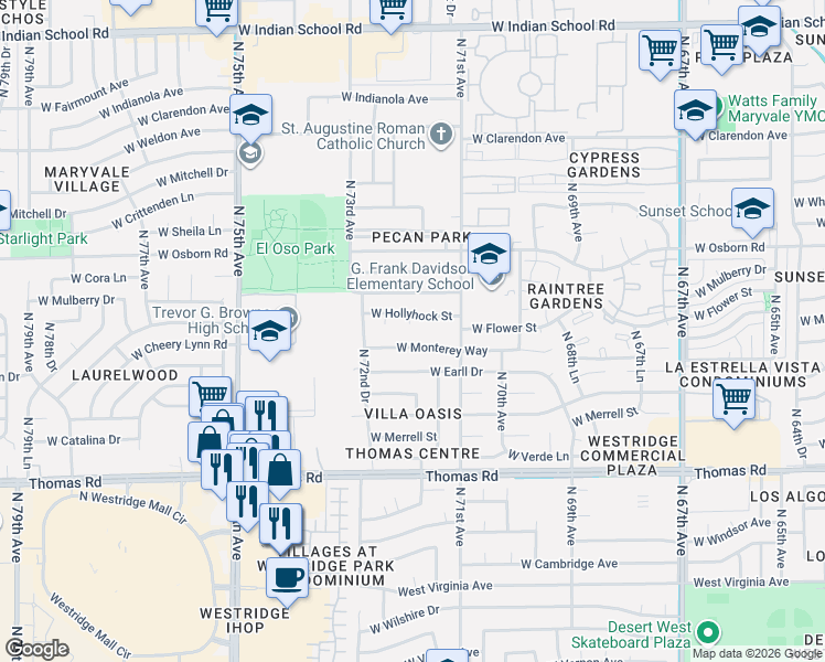 map of restaurants, bars, coffee shops, grocery stores, and more near 7132 West Monterey Way in Phoenix