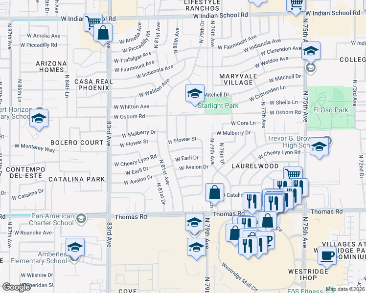map of restaurants, bars, coffee shops, grocery stores, and more near 8009 West Cheery Lynn Road in Phoenix