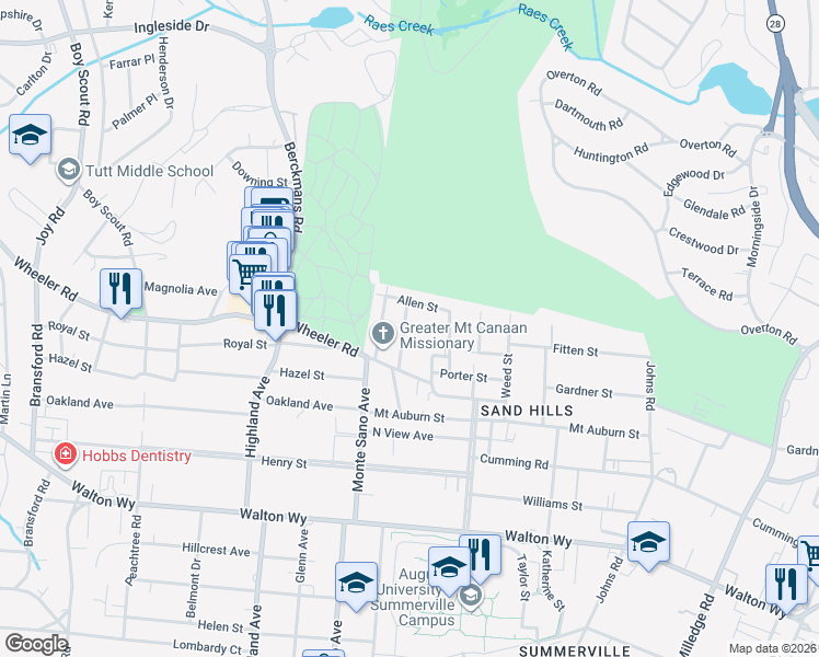 map of restaurants, bars, coffee shops, grocery stores, and more near 528 1st Avenue in Augusta