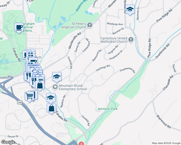 map of restaurants, bars, coffee shops, grocery stores, and more near 2800 Hastings Road in Birmingham