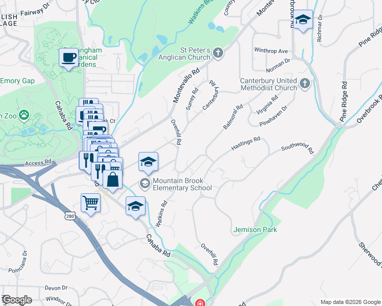 map of restaurants, bars, coffee shops, grocery stores, and more near 3025 Overhill Road in Birmingham