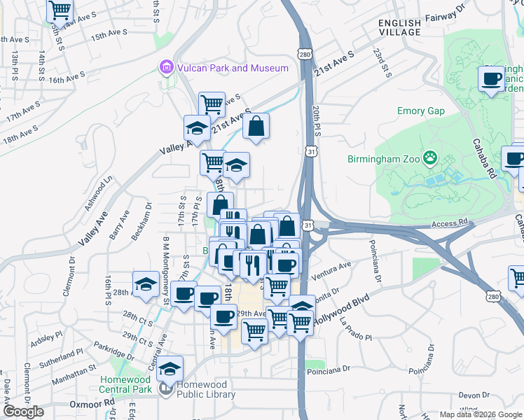 map of restaurants, bars, coffee shops, grocery stores, and more near 1822 26th Avenue South in Birmingham