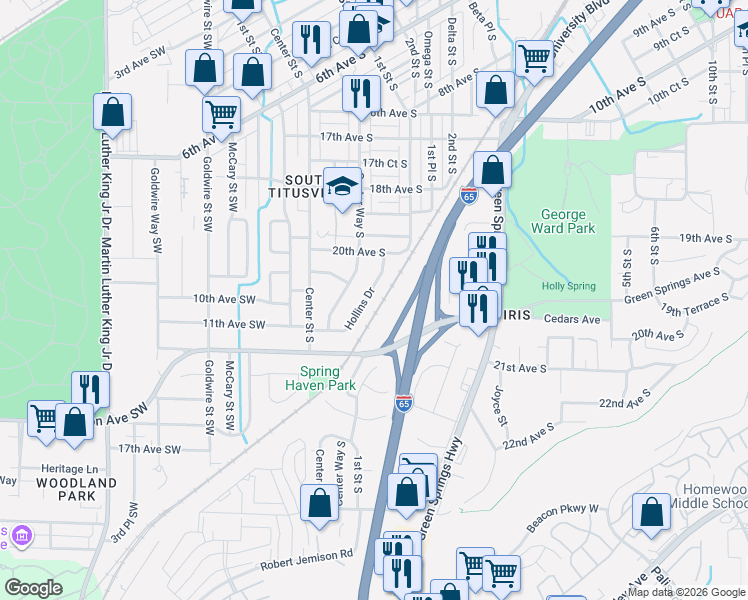 map of restaurants, bars, coffee shops, grocery stores, and more near 2023 Hollins Drive in Birmingham