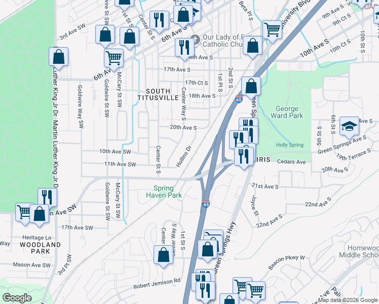 map of restaurants, bars, coffee shops, grocery stores, and more near 2023 Hollins Drive in Birmingham