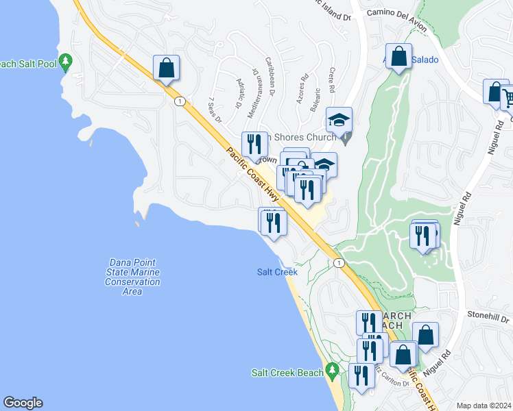 map of restaurants, bars, coffee shops, grocery stores, and more near 31 Monarch Bay Drive in Dana Point