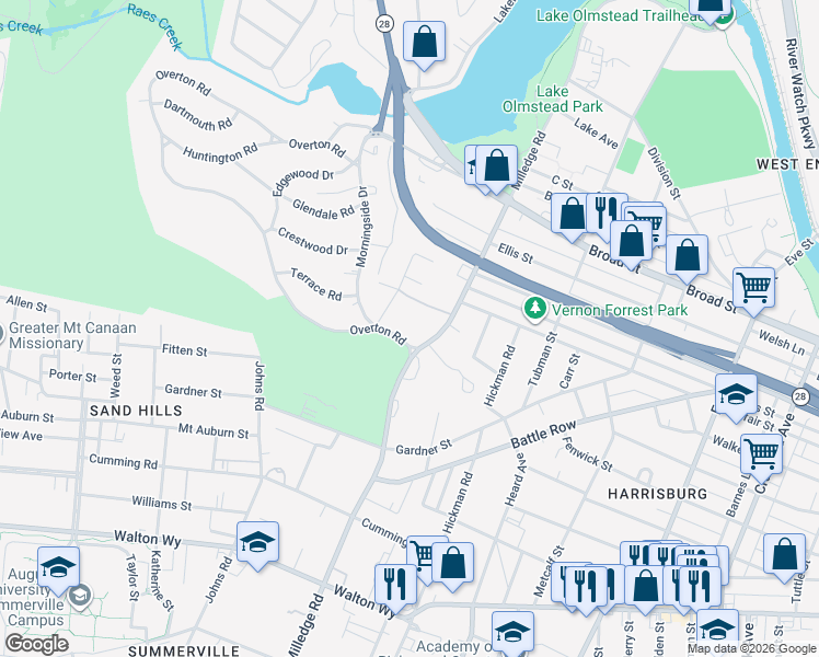 map of restaurants, bars, coffee shops, grocery stores, and more near 501 Milledge Road in Augusta