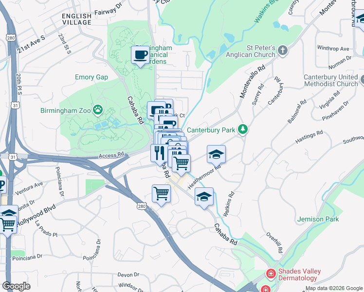 map of restaurants, bars, coffee shops, grocery stores, and more near 2501 Montevallo Drive in Mountain Brook