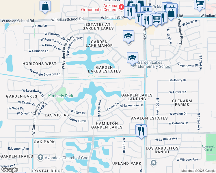 map of restaurants, bars, coffee shops, grocery stores, and more near 10935 West Laurelwood Lane in Avondale