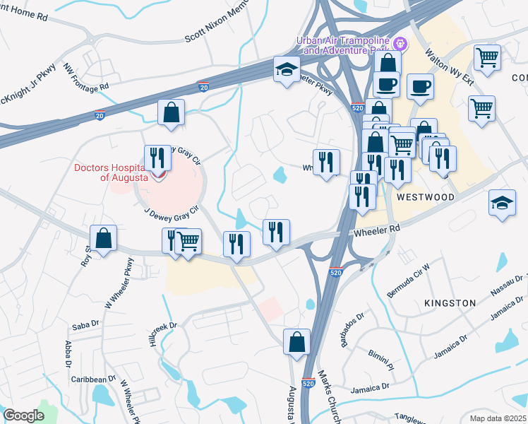 map of restaurants, bars, coffee shops, grocery stores, and more near 1306 Sterling Ridge Drive in Augusta
