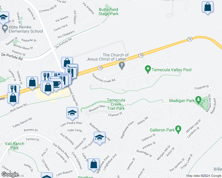 map of restaurants, bars, coffee shops, grocery stores, and more near 33659 Blue Water Way in Temecula
