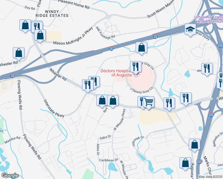 map of restaurants, bars, coffee shops, grocery stores, and more near 5732 Whispering Pines in Augusta