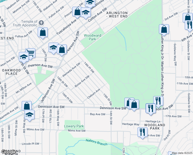 map of restaurants, bars, coffee shops, grocery stores, and more near 1220 14th Place Southwest in Birmingham