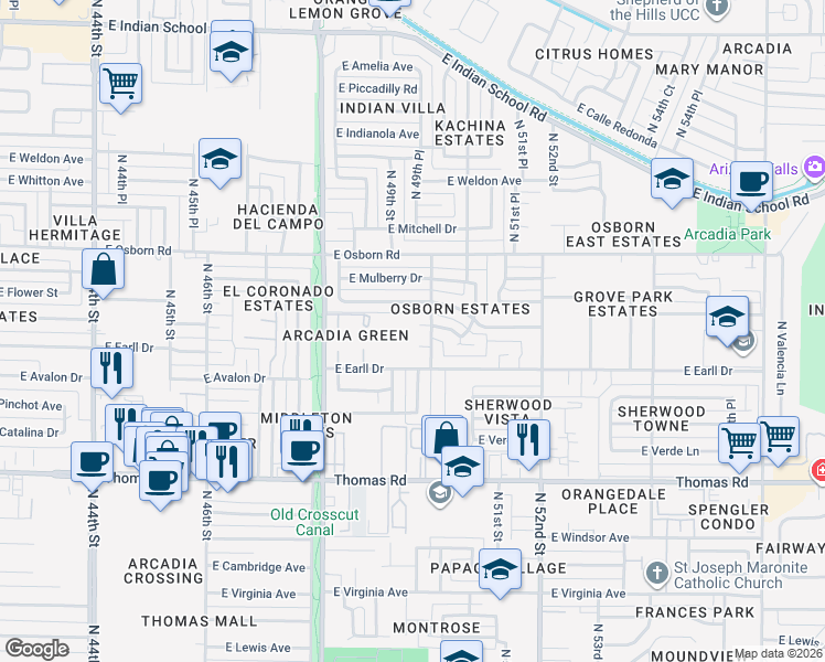 map of restaurants, bars, coffee shops, grocery stores, and more near 4910 East Earll Drive in Phoenix