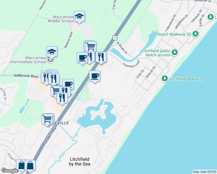 map of restaurants, bars, coffee shops, grocery stores, and more near 14300 U.S. 17 in Pawleys Island
