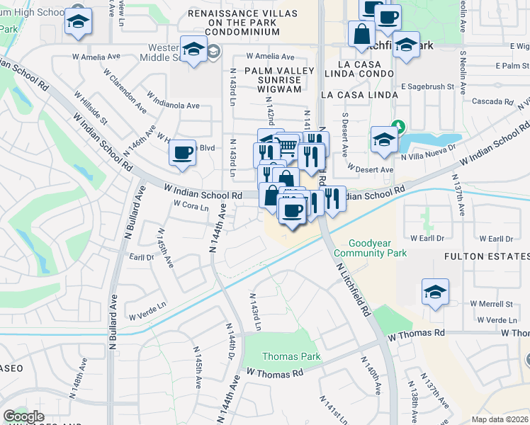 map of restaurants, bars, coffee shops, grocery stores, and more near 14277 West Lexington Avenue in Goodyear