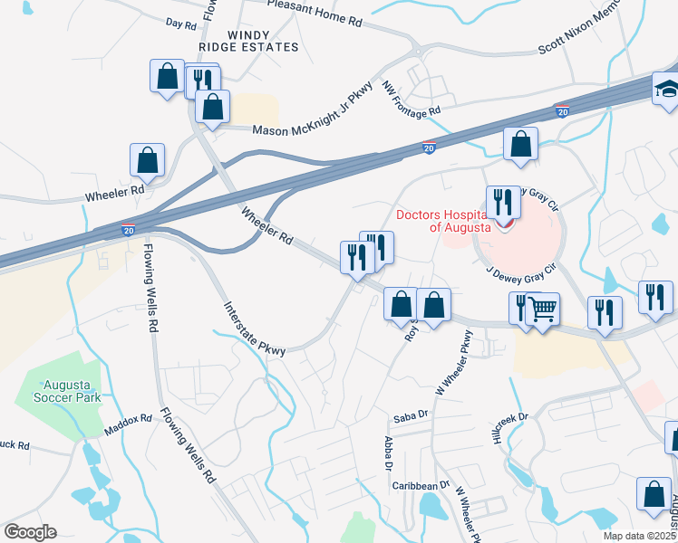 map of restaurants, bars, coffee shops, grocery stores, and more near 3744 Wheeler Road in Augusta