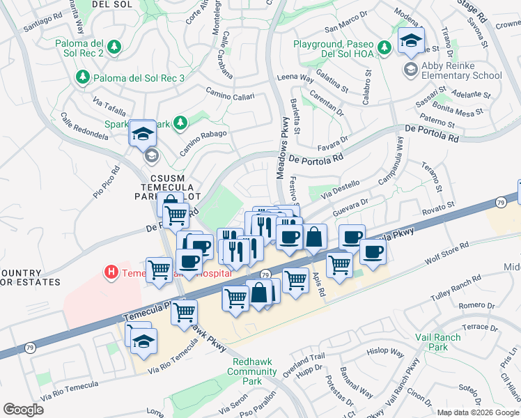 map of restaurants, bars, coffee shops, grocery stores, and more near 32011 Campanula Way in Temecula