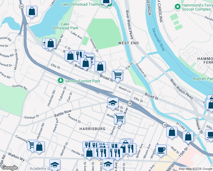 map of restaurants, bars, coffee shops, grocery stores, and more near 1924 Ellis Street in Augusta