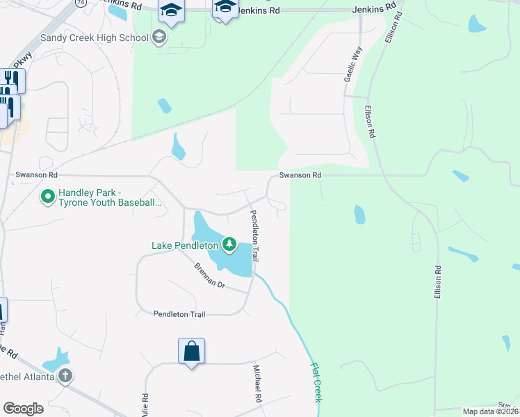 map of restaurants, bars, coffee shops, grocery stores, and more near 115 Pendleton Trail in Tyrone