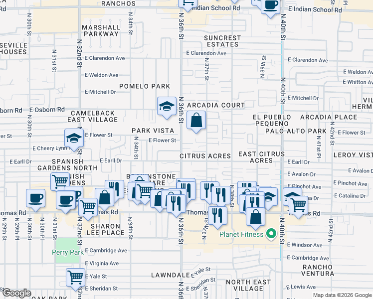 map of restaurants, bars, coffee shops, grocery stores, and more near 3101 North 36th Street in Phoenix