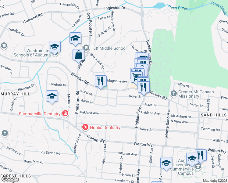 map of restaurants, bars, coffee shops, grocery stores, and more near 2754 Wheeler Road in Augusta