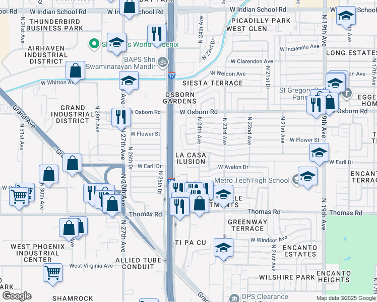map of restaurants, bars, coffee shops, grocery stores, and more near 3049 North 24th Lane in Phoenix