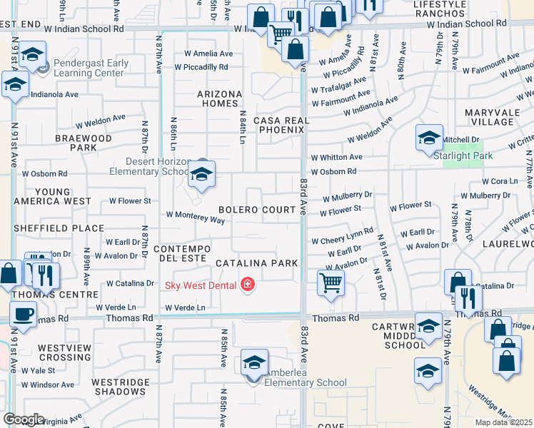 map of restaurants, bars, coffee shops, grocery stores, and more near 8429 West Monterey Way in Phoenix