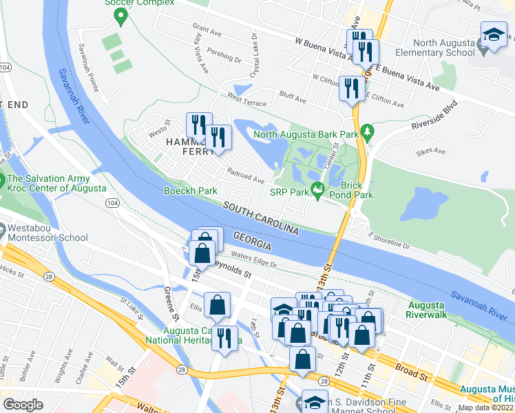 map of restaurants, bars, coffee shops, grocery stores, and more near 370 Front Street in North Augusta