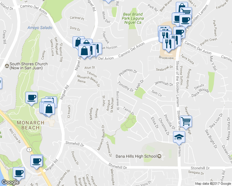map of restaurants, bars, coffee shops, grocery stores, and more near 32901 Buccaneer Street in Dana Point
