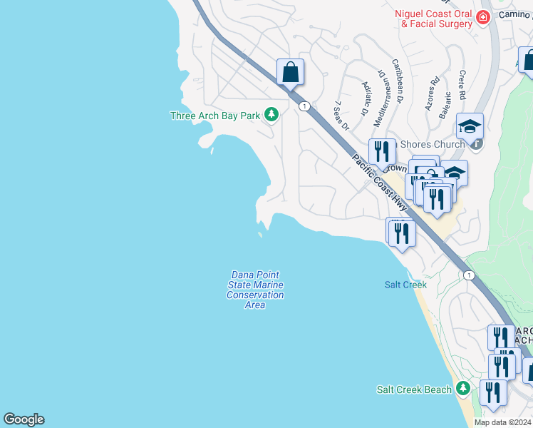map of restaurants, bars, coffee shops, grocery stores, and more near 111 South La Senda Drive in Laguna Beach