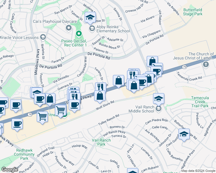 map of restaurants, bars, coffee shops, grocery stores, and more near 32921 Rovato Street in Temecula