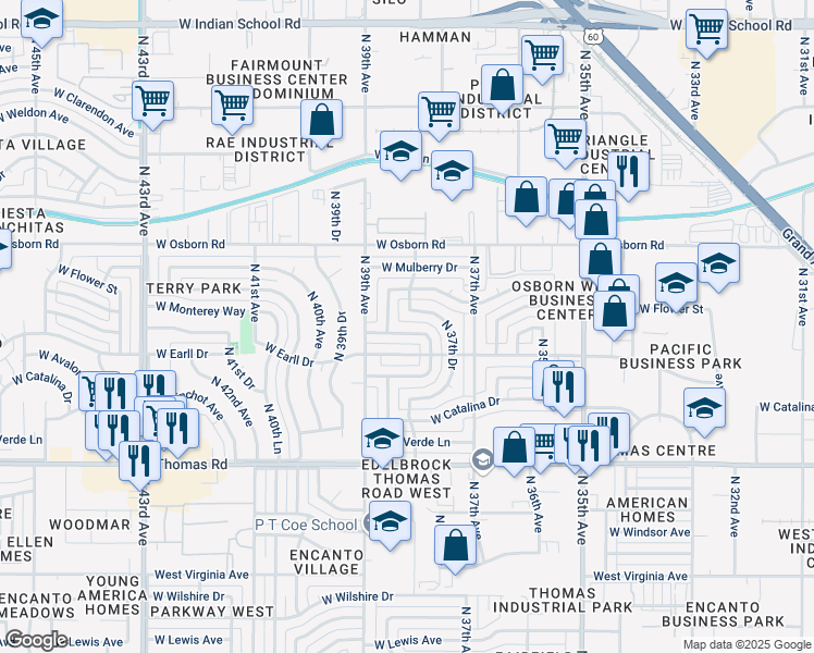 map of restaurants, bars, coffee shops, grocery stores, and more near 3827 West Cheery Lynn Road in Phoenix